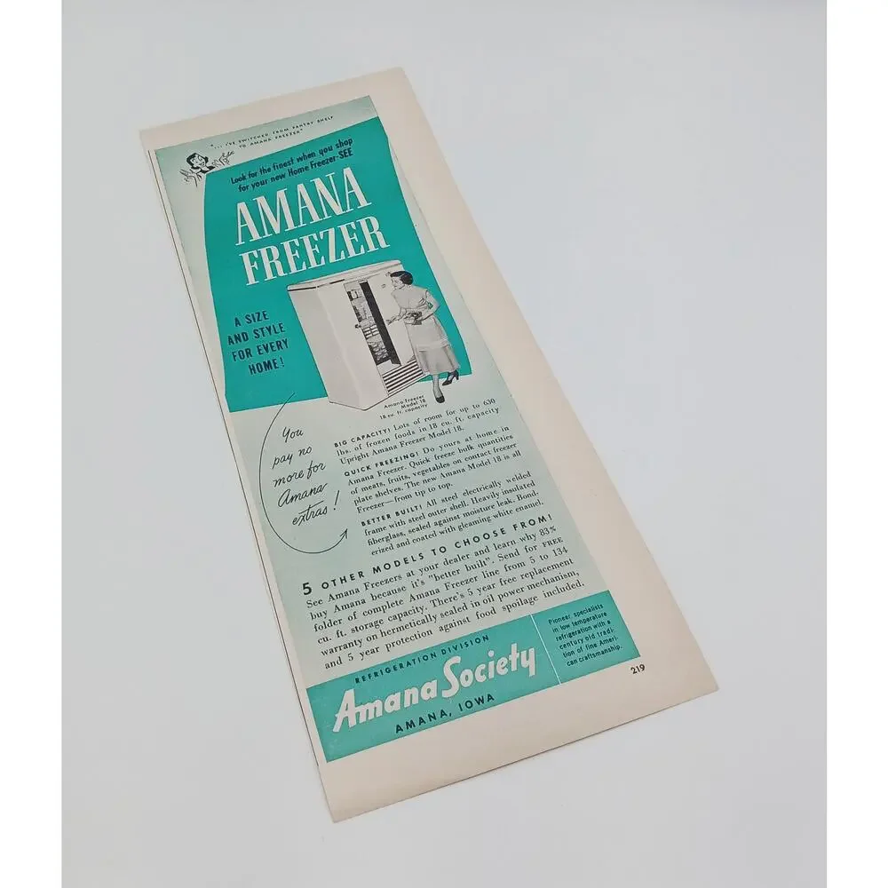 1949 Vintage Amana Freezer Model 18 White Water Heater Print Ad 1940s Housewife